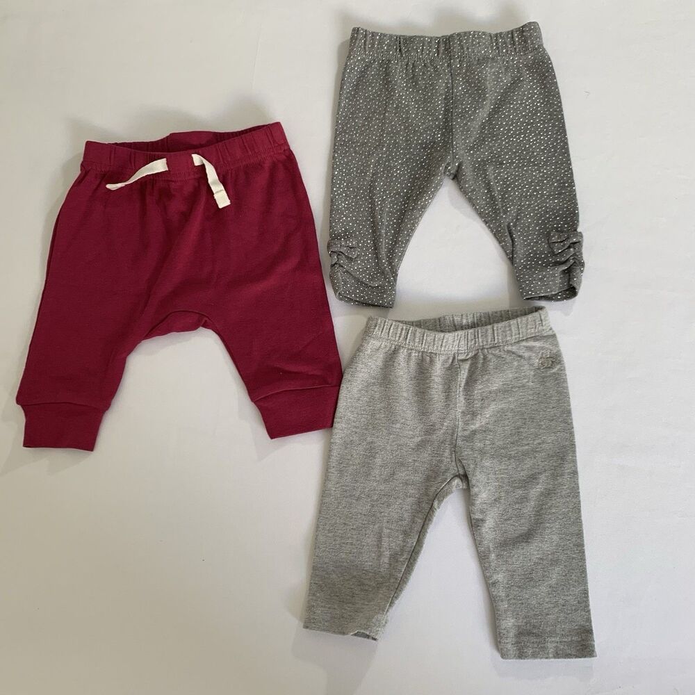 Set of 3 Pull On Pants Bundle Baby Girl 0-3 Months Gray Berry‎ Pink Stretch Play